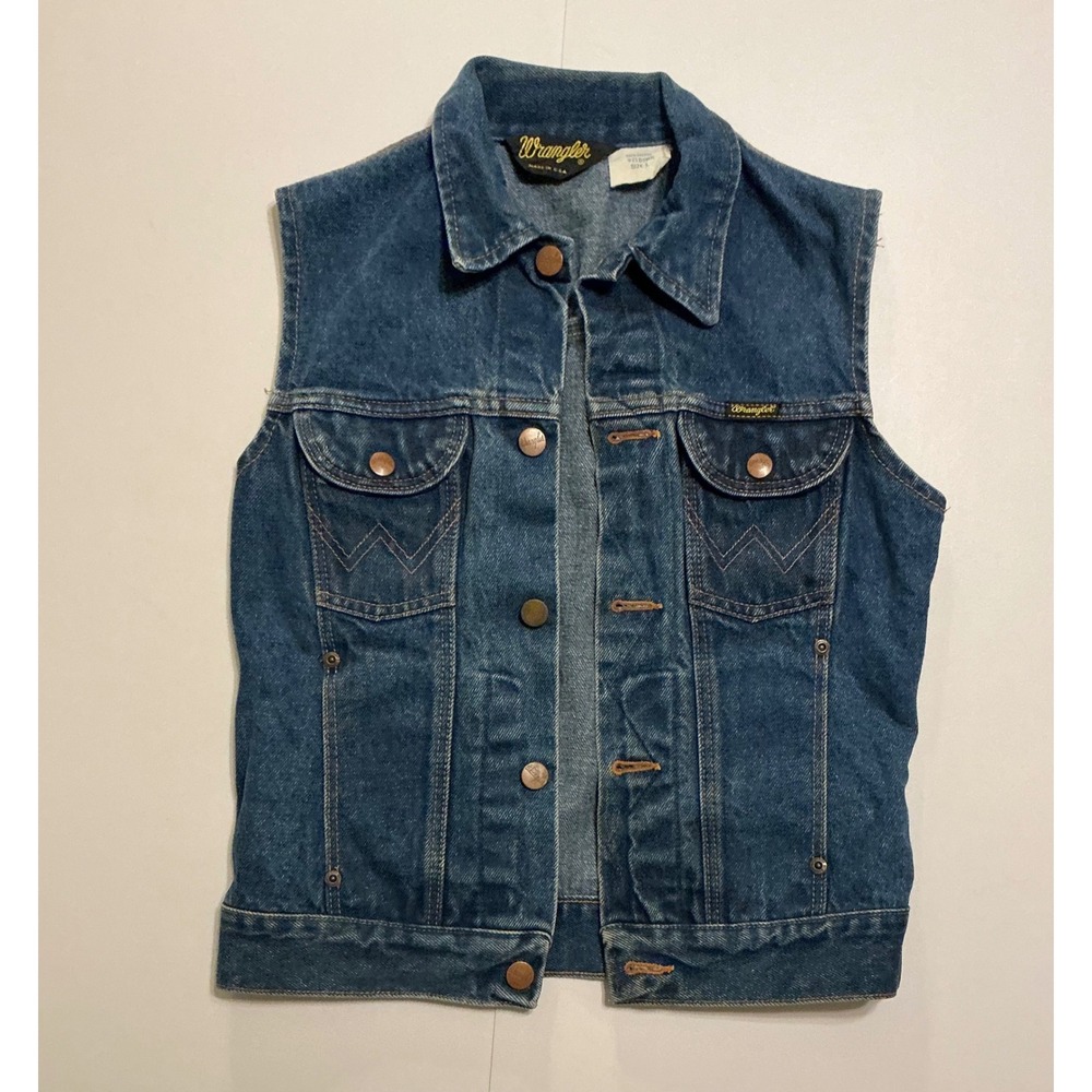 VTG USA Made Wrangler Kids Blue Denim Trucker Vest Grunge 90s Moto Size L